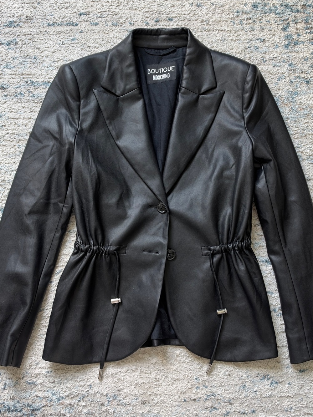 Boutique Moschino Black Faux Leather Ruched Waist Blazer Jacket Women’s 40
